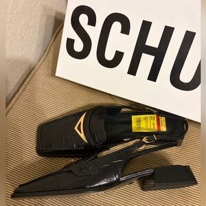 SCHUTZ/Revolve Women’s Arizona Slingback Block Heel Leather Flats in Black Croc